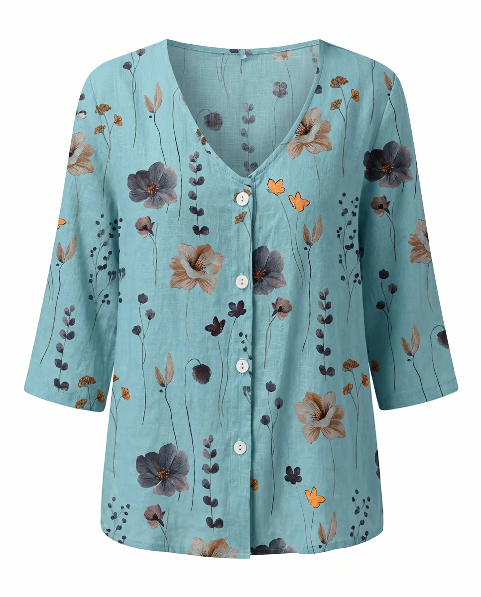 V-Neck Three-Quarter Sleeve Printed Blouse