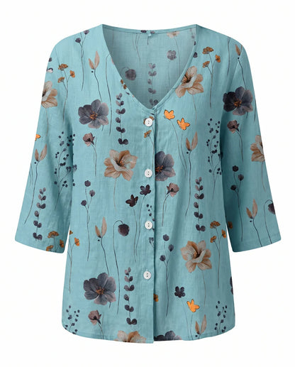 V-Neck Three-Quarter Sleeve Printed Blouse