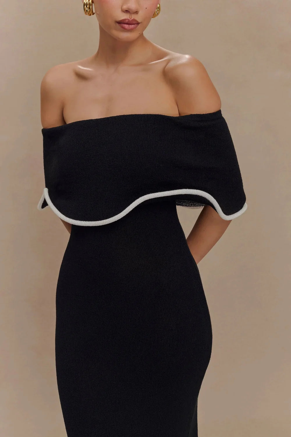 Sweater Dress – Black Off-Shoulder Midi