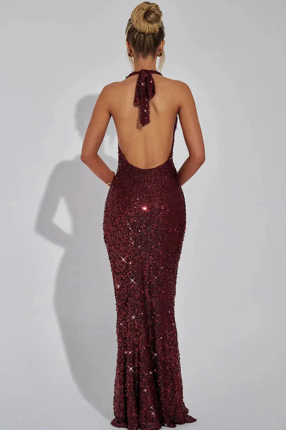 Sequin Dress – Wine Red Halter Open Back Maxi