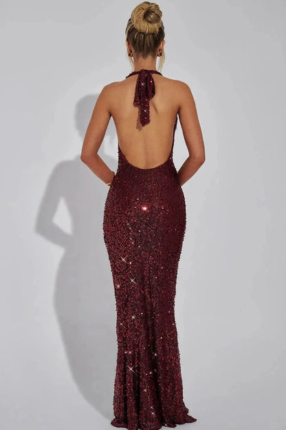 Sequin Dress – Wine Red Halter Open Back Maxi