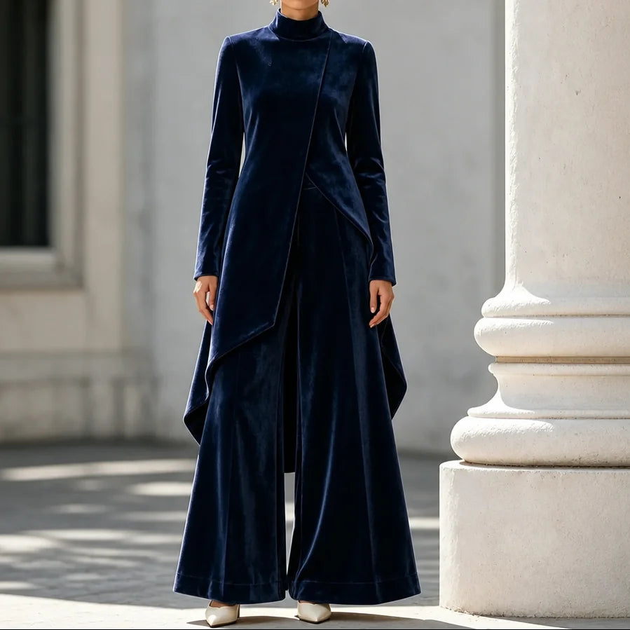 Velvet Drape Top and Wide-Leg Pant Set