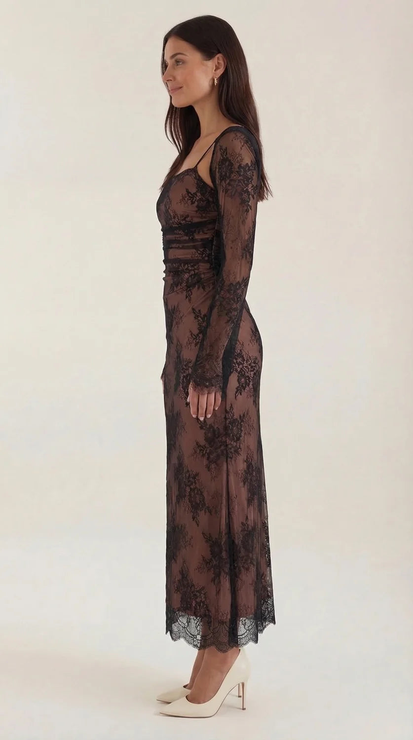 Lace Maxi Dress – Ivory White Long Sleeve Square Neck