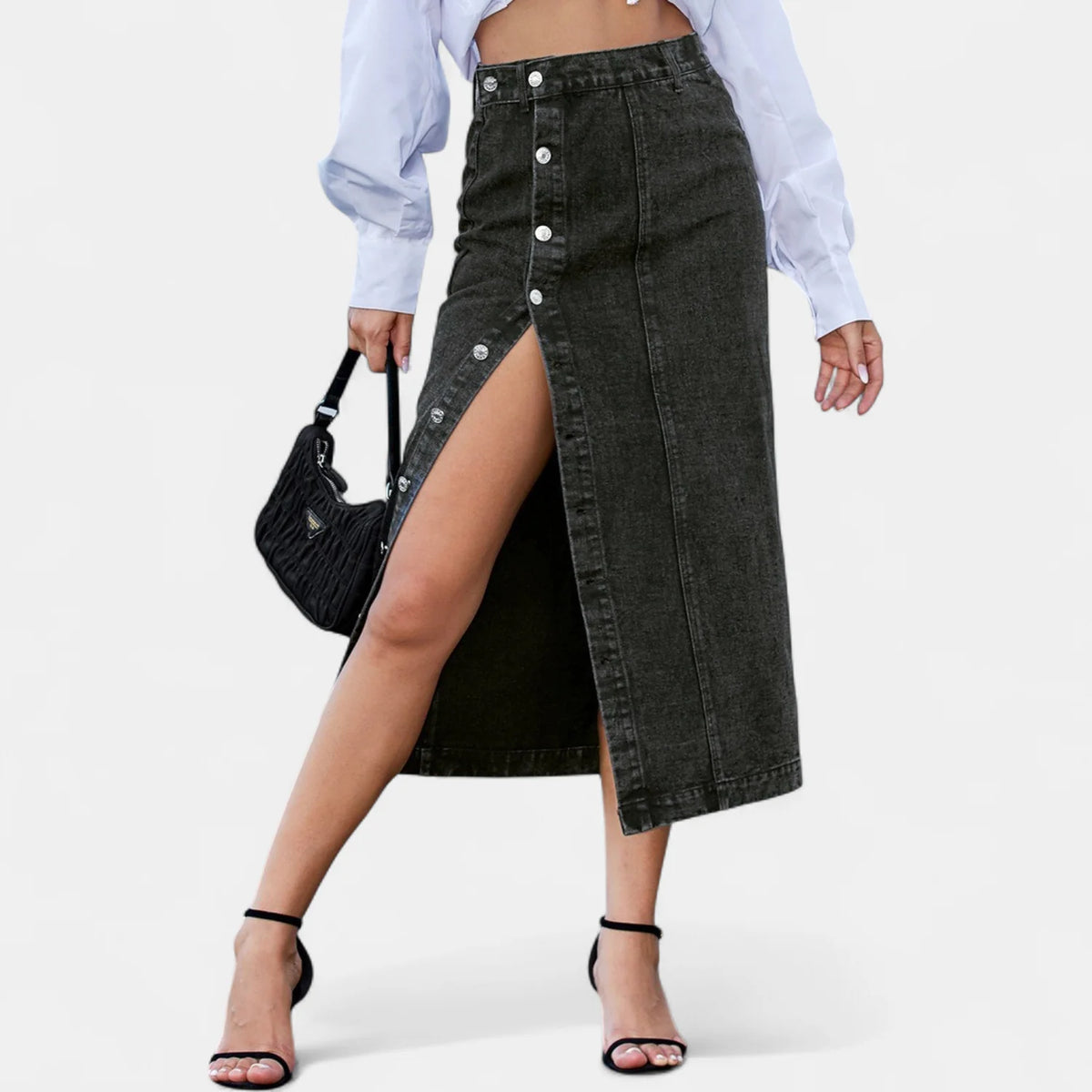 Button-Front Denim Midi Skirt