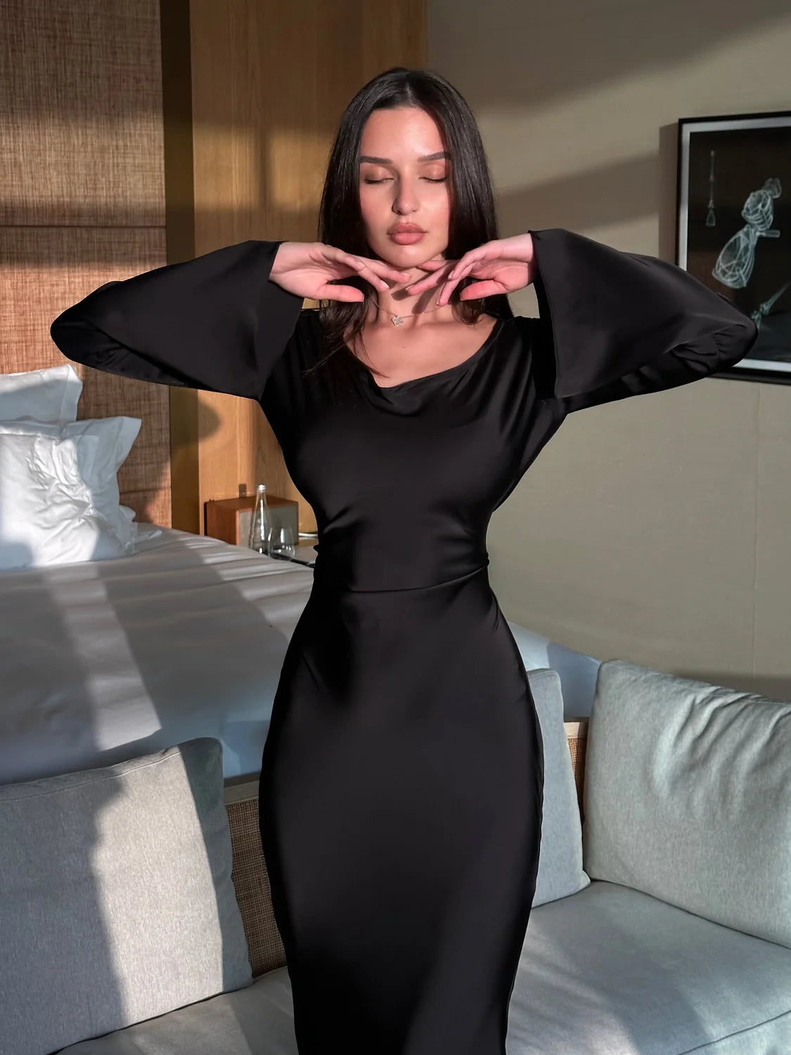 Wedding Guest Dress – Black Long Sleeve Maxi