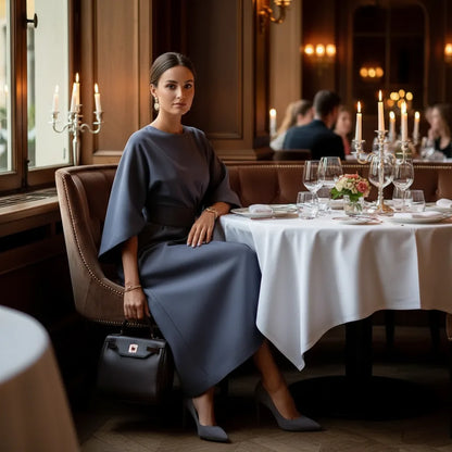 Belted Midi Dress with Lantern Sleeves