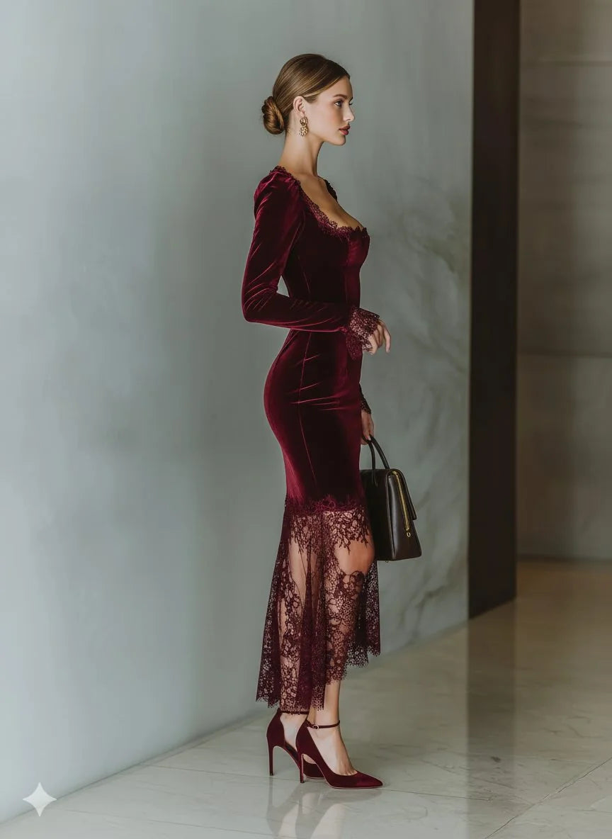 Velvet Long Sleeve Formal Maxi Dress with Lace Hem
