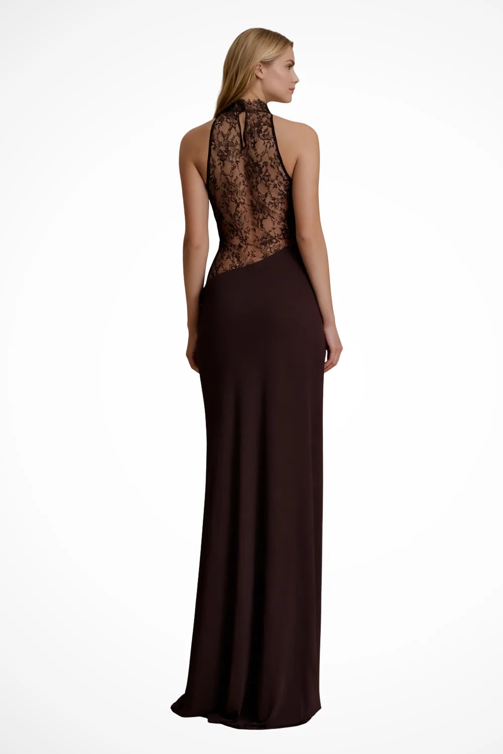 Lace Maxi Dress – Brown High Neck Halter