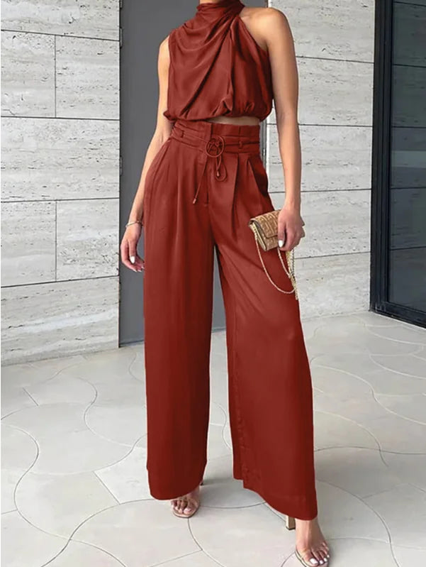 Aurora | Satin Pant Set Halter Top Wide Leg