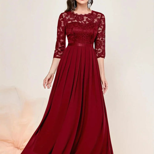Lace Maxi Dress – Red Three-Quarter Sleeve