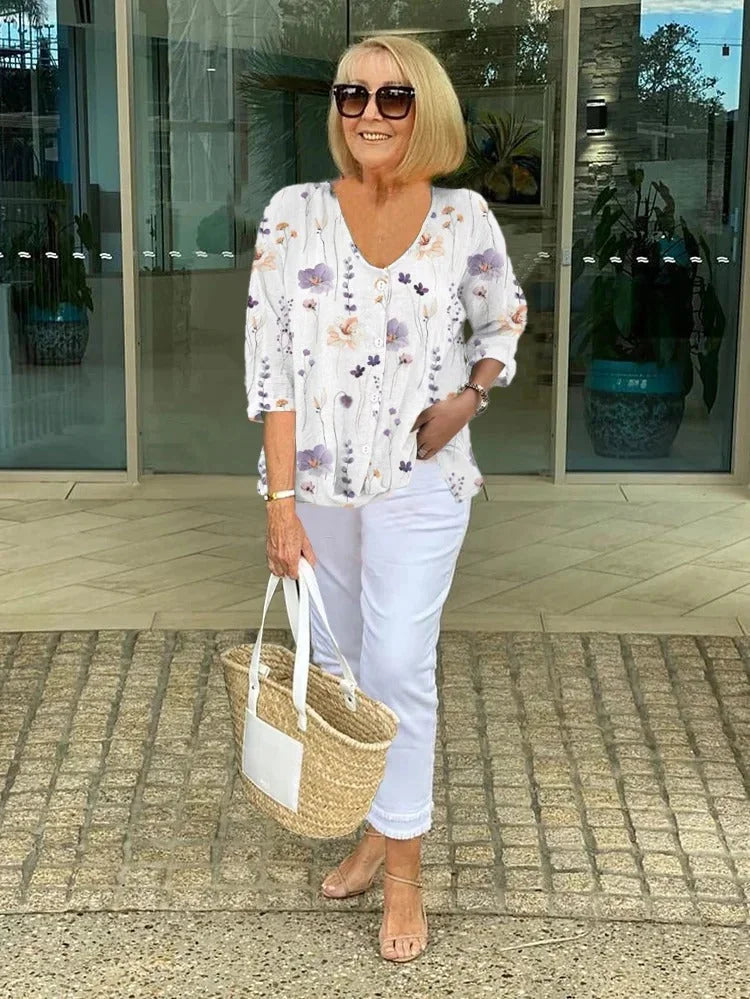 V-Neck Three-Quarter Sleeve Printed Blouse