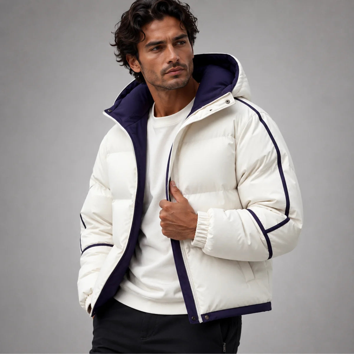 Men's Hooded Puffer Jacket – Black Contrast Piping