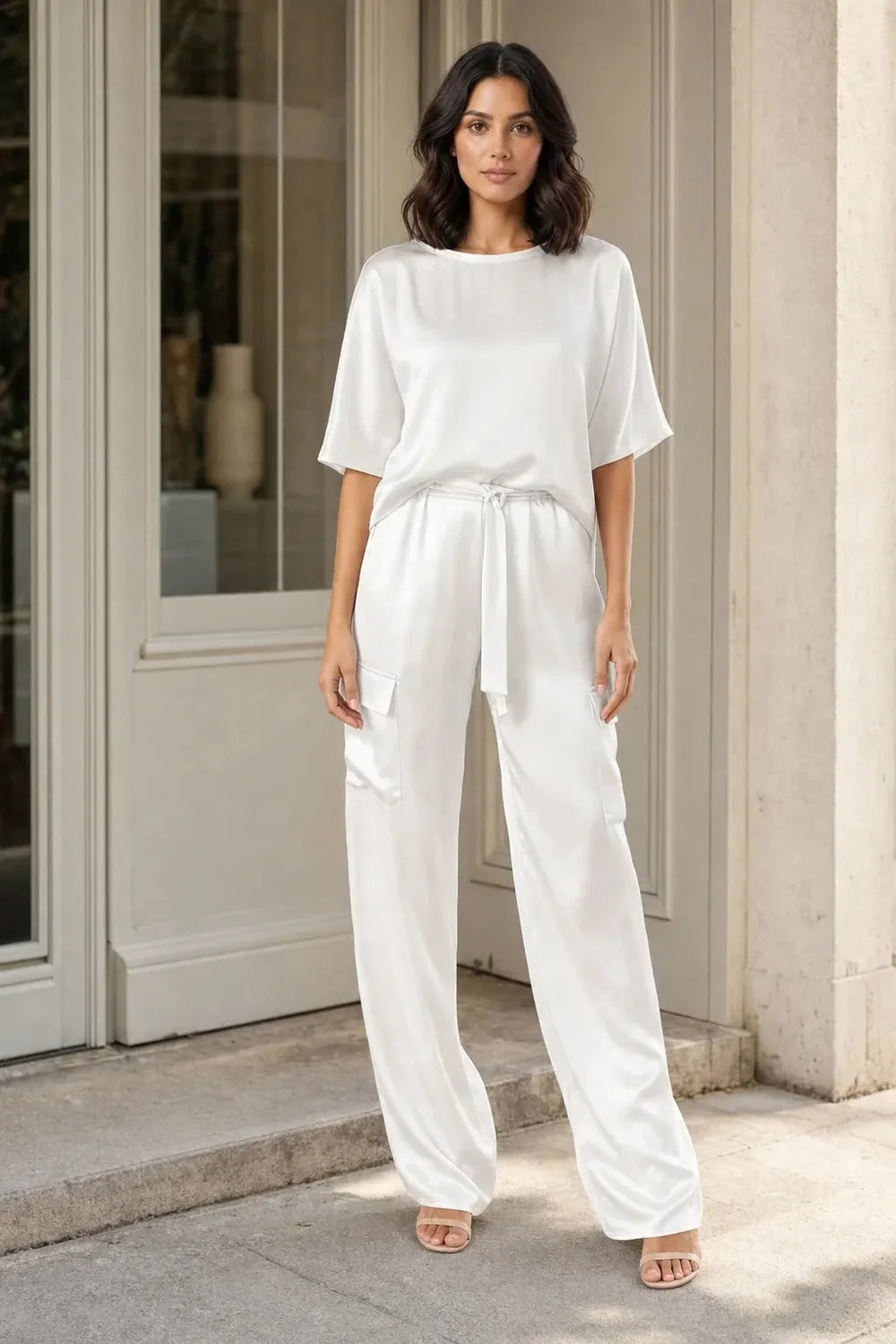 Satin Cargo Pants Set Two Piece