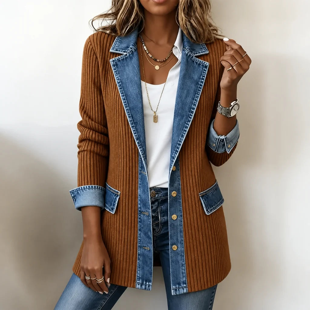 Knit Coat with Denim Panels Ribbed Cardigan