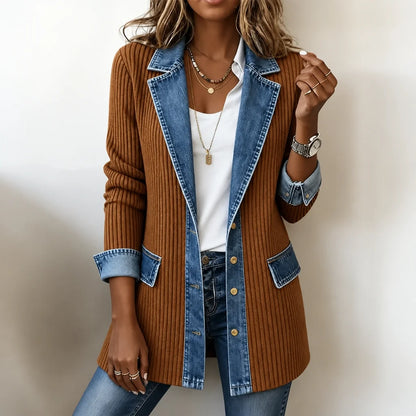 Knit Coat with Denim Panels Ribbed Cardigan