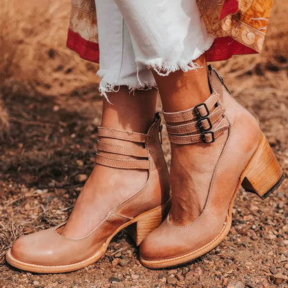 Ankle Boots Triple Buckle Strap Block Heel
