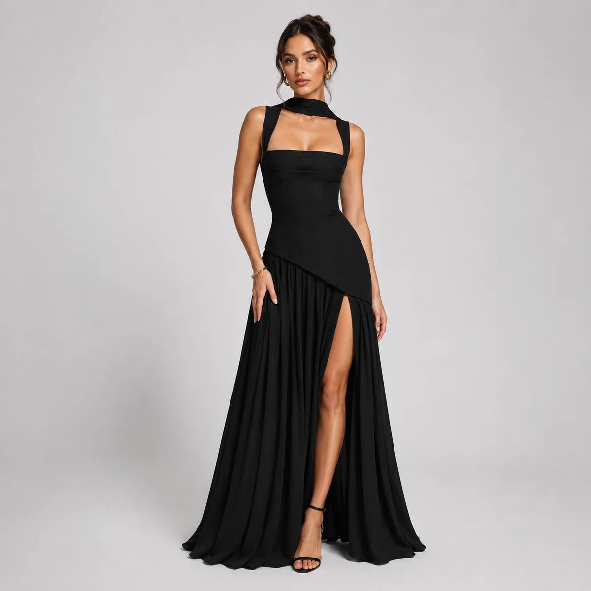 Draped Satin Wedding-Guest Maxi Dress