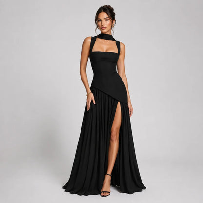 Draped Satin Wedding-Guest Maxi Dress