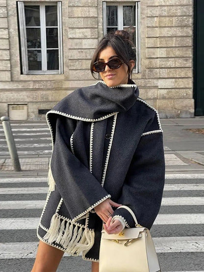 Women's Wrap Coat with Fringe Scarf