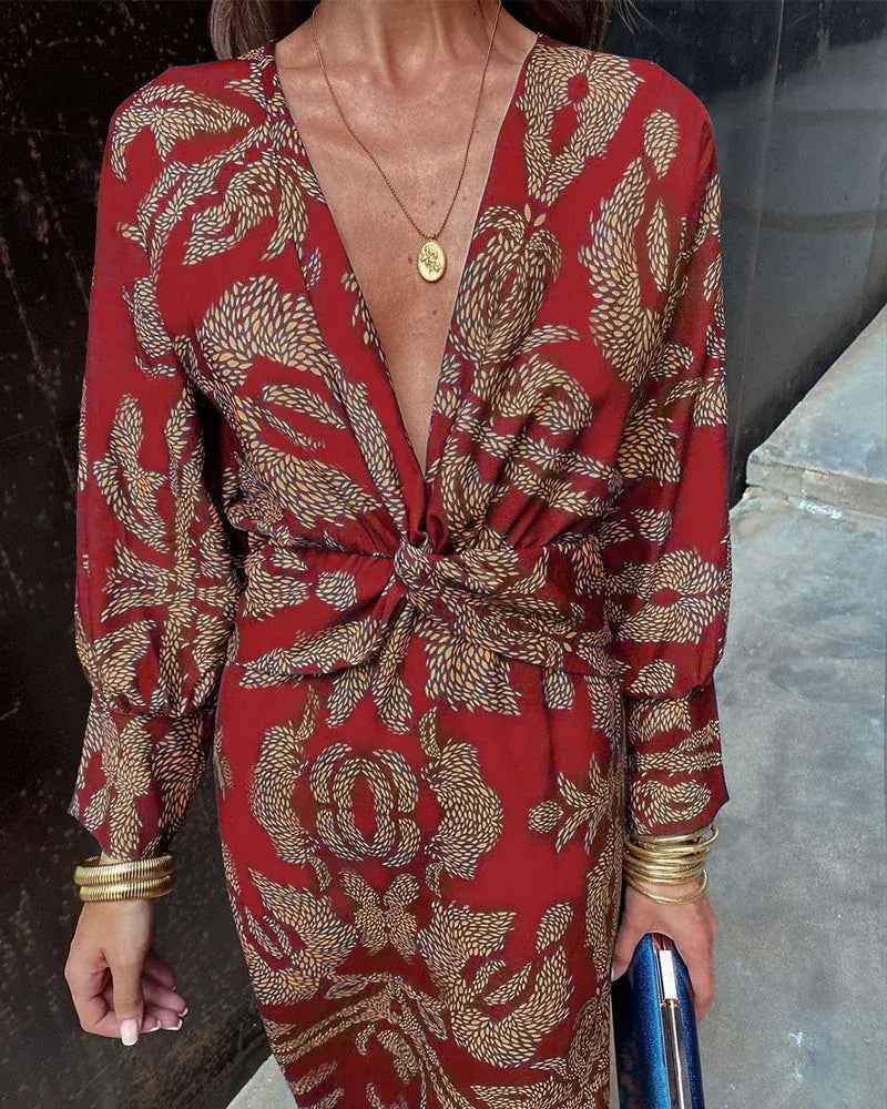 Printed Twist Front Long Sleeve Midi Dress