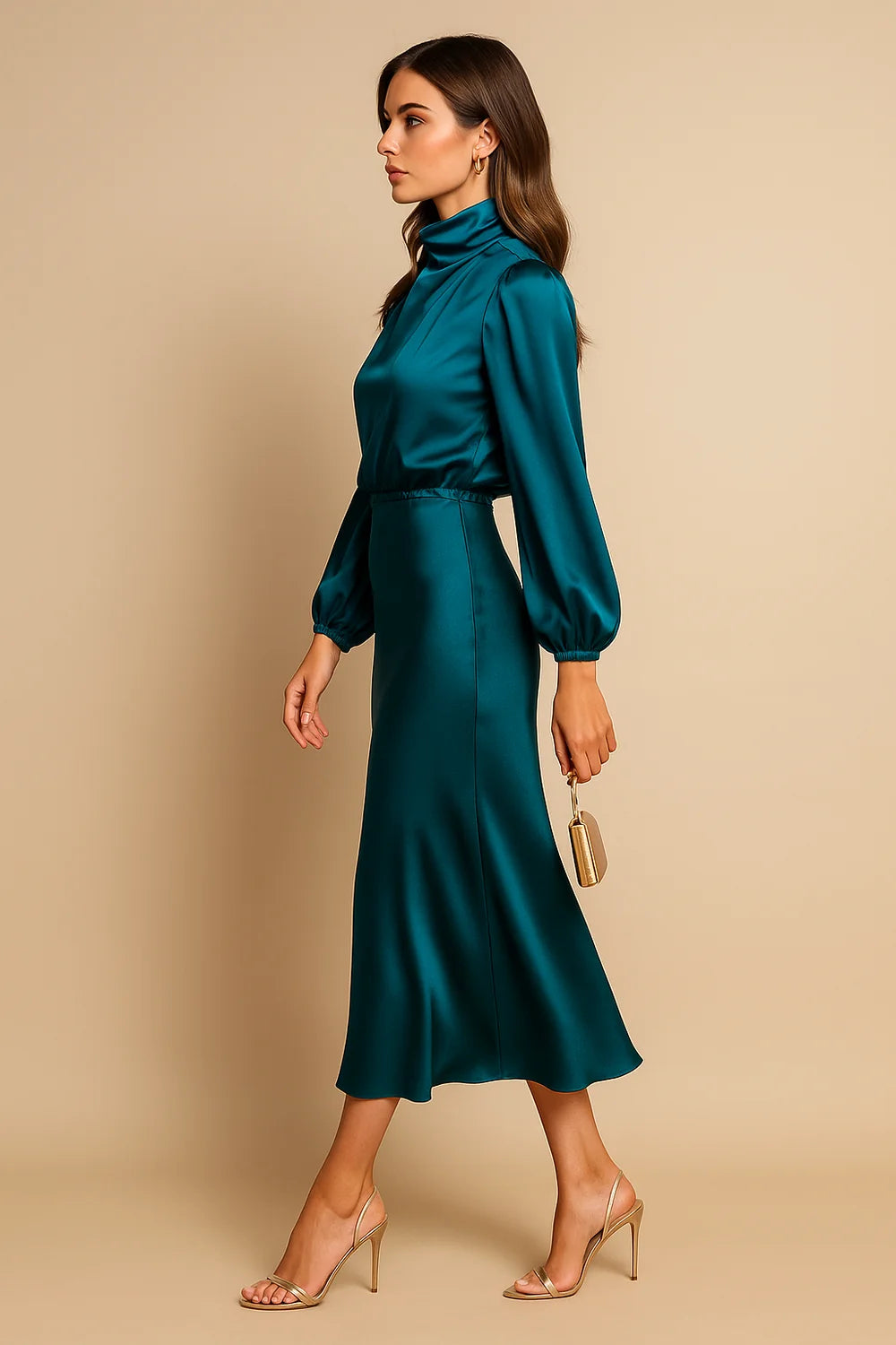 Wedding Guest Dress – Black Roll Neck Satin Midi