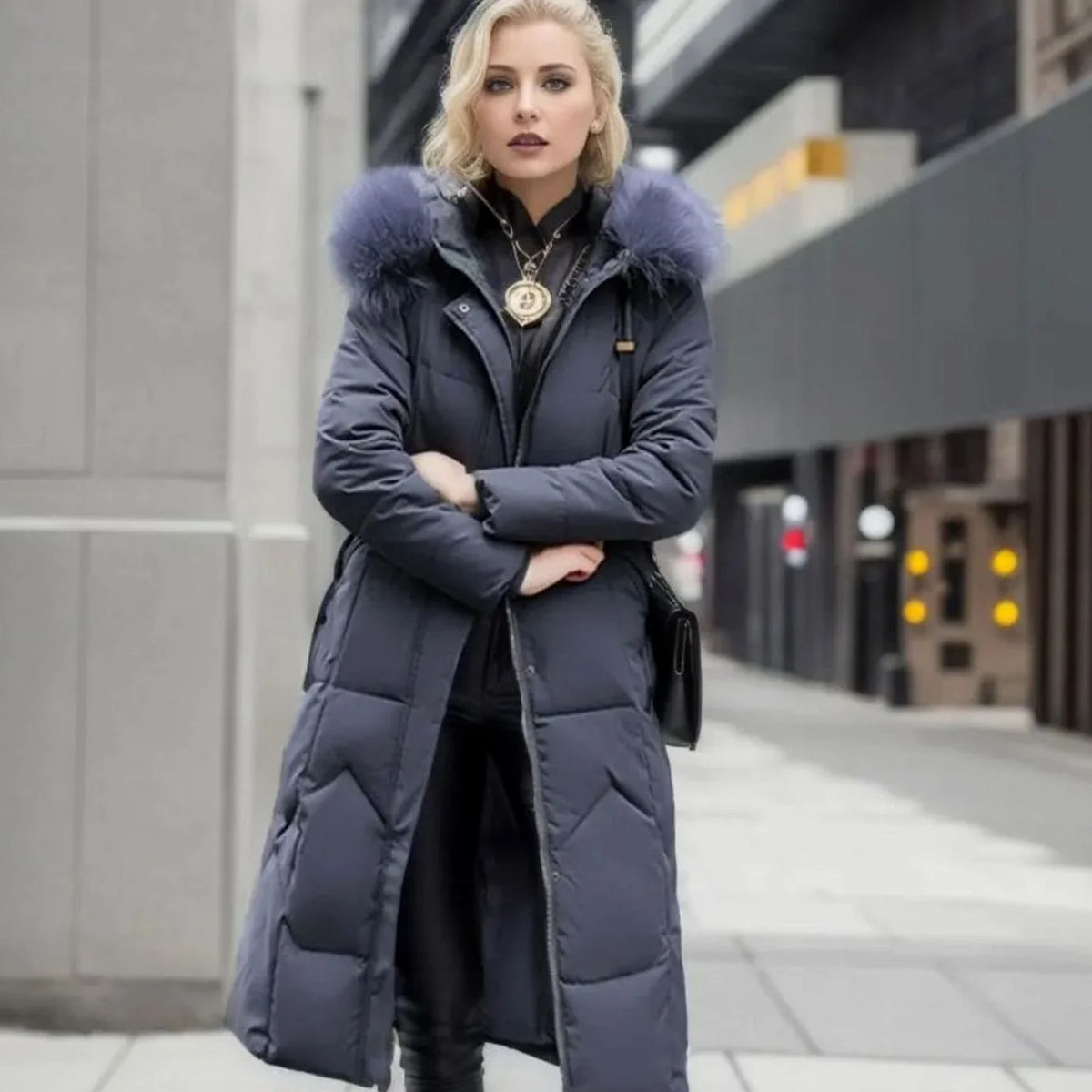 Long Hooded Puffer Coat – Black Faux Fur Trim