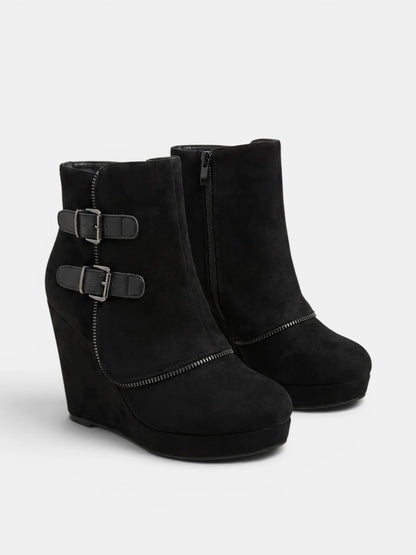 Wedge Ankle Boots Side Zip Double Buckle
