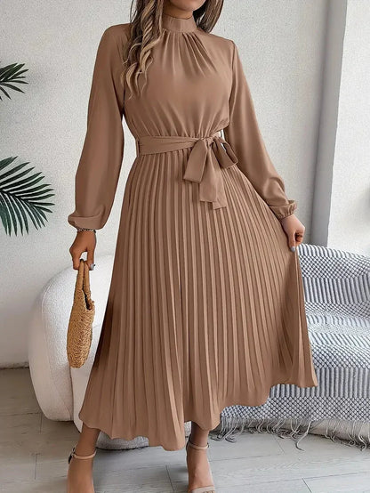 Long Sleeve Pleated Belted Dress