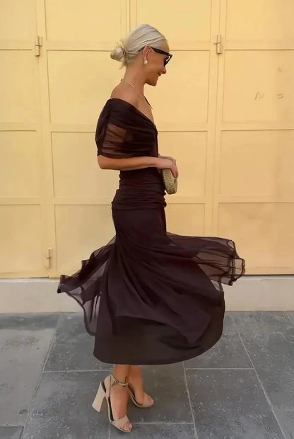 Wedding Guest Dress – Bordeaux Chiffon Sleeve Maxi