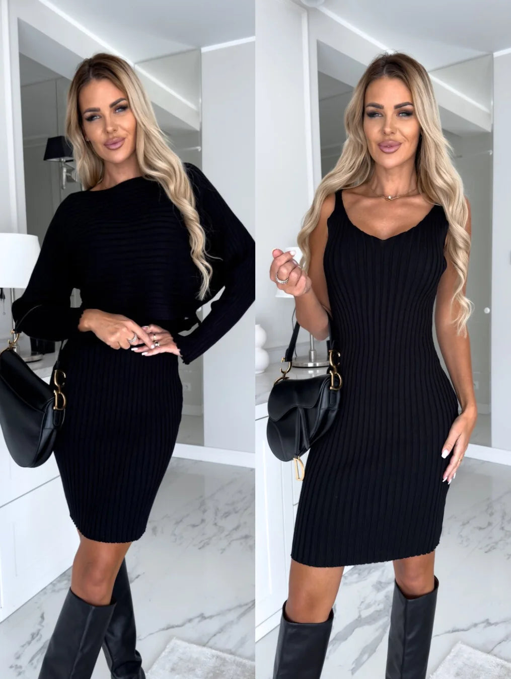 Sweater Dress – Grey Ribbed Two-Piece Midi