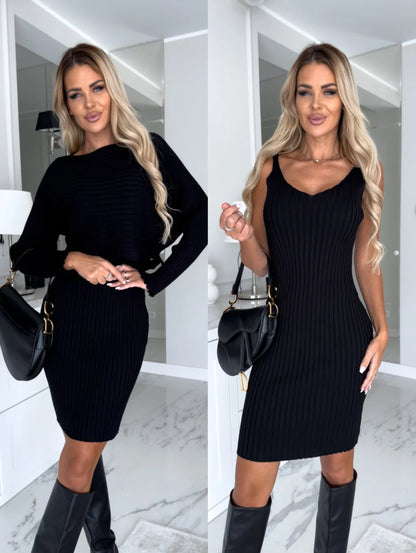 Sweater Dress – Grey Ribbed Two-Piece Midi