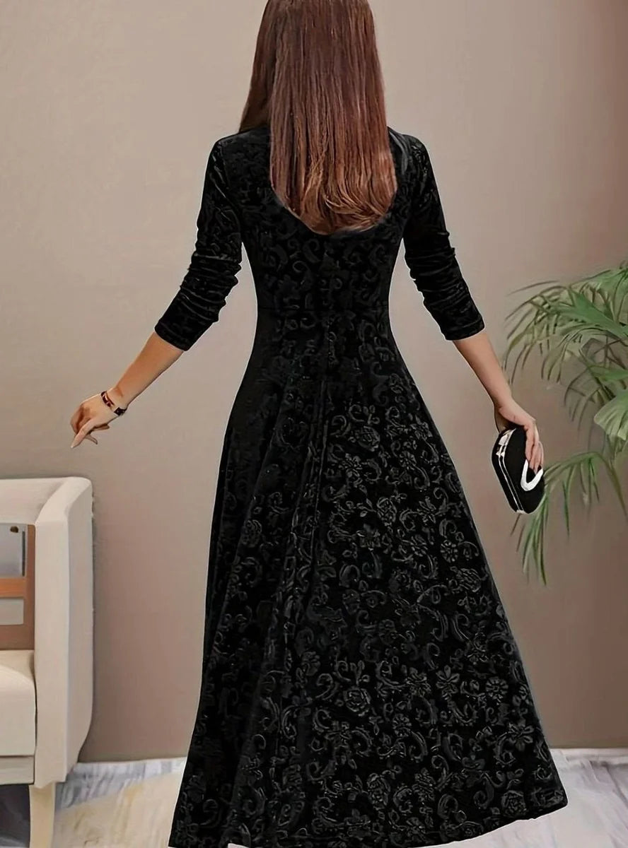 Velvet Square-Neck Floral Embossed A-Line Party Dress
