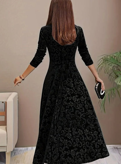 Velvet Square-Neck Floral Embossed A-Line Party Dress