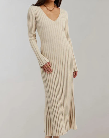 Sweater Dress – White V-Neck Ribbed Maxi