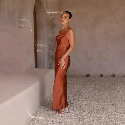 Wedding Guest Dress – Black Cowl Neck Satin Maxi