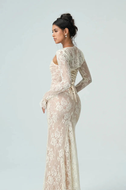 Lace Maxi Dress – Black Long Sleeve Square Neck