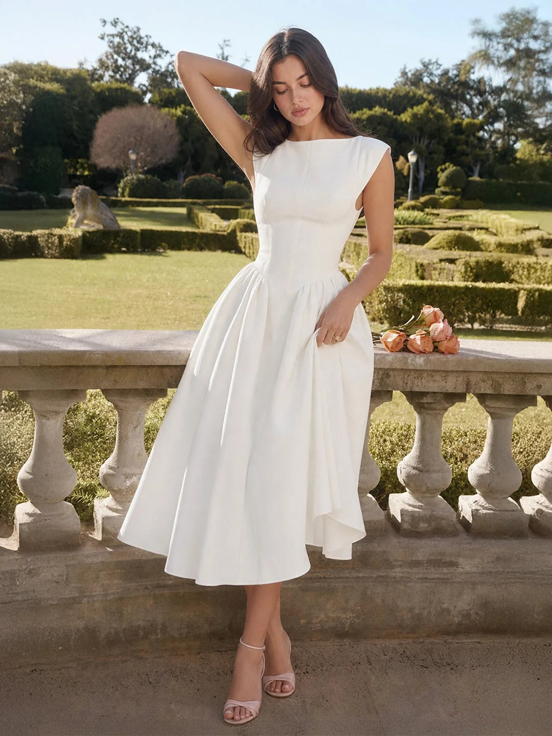 Hepburn | Satin Midi Dress Full Skirt