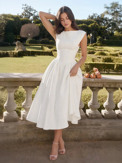 Hepburn | Satin Midi Dress Full Skirt