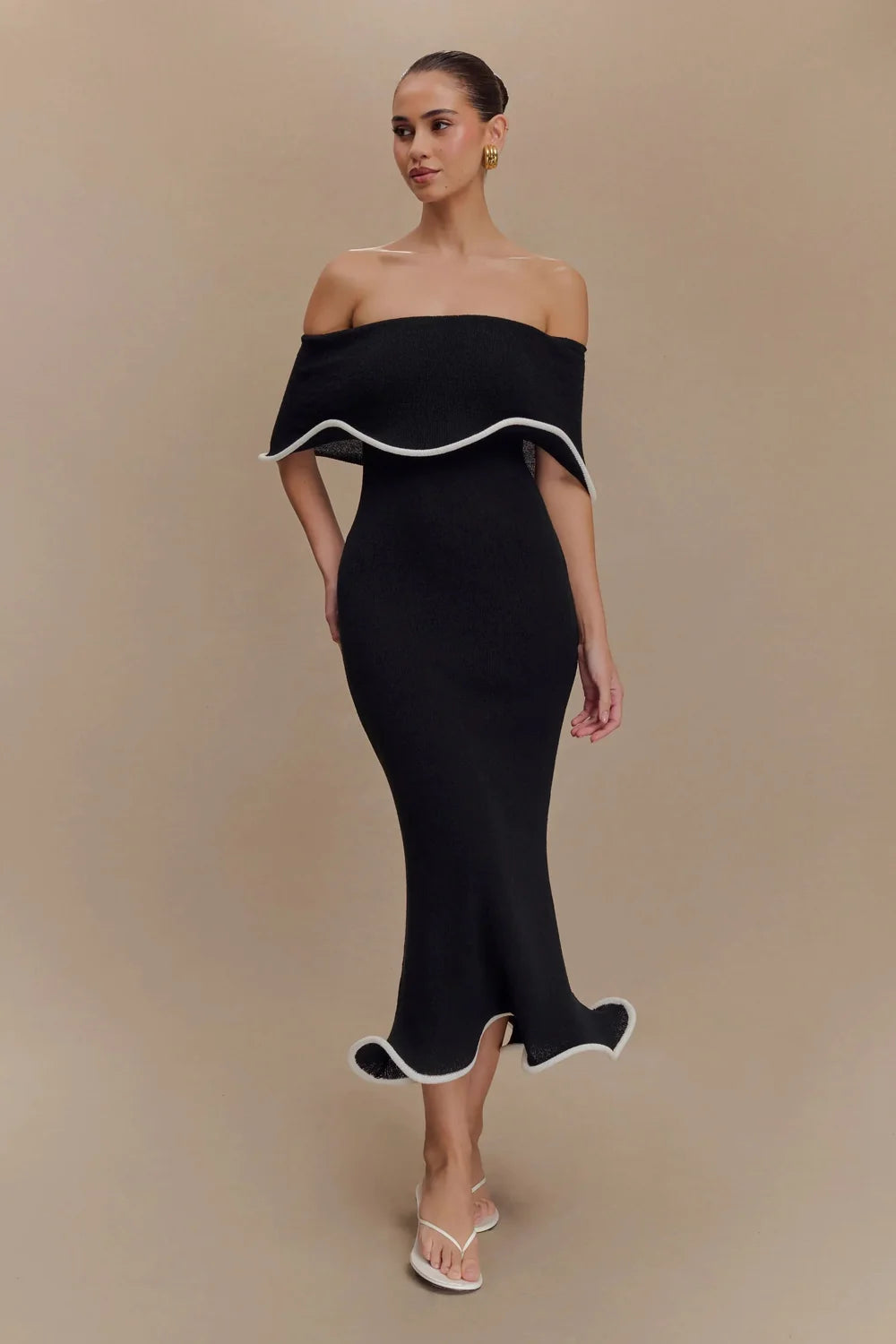 Sweater Dress – Black Off-Shoulder Midi