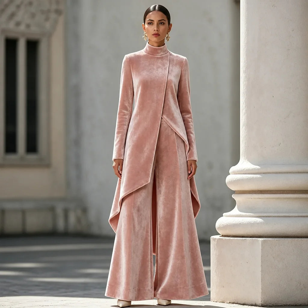 Velvet Drape Top and Wide-Leg Pant Set