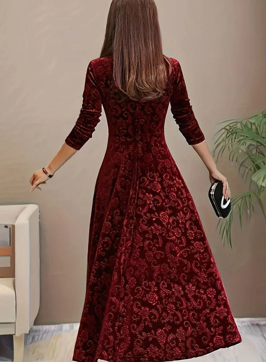 Velvet Square-Neck Floral Embossed A-Line Party Dress