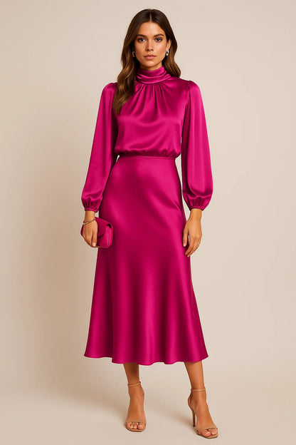 Wedding Guest Dress – Black Roll Neck Satin Midi
