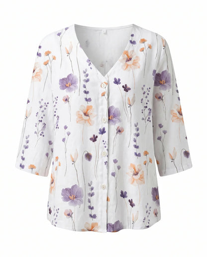V-Neck Three-Quarter Sleeve Printed Blouse