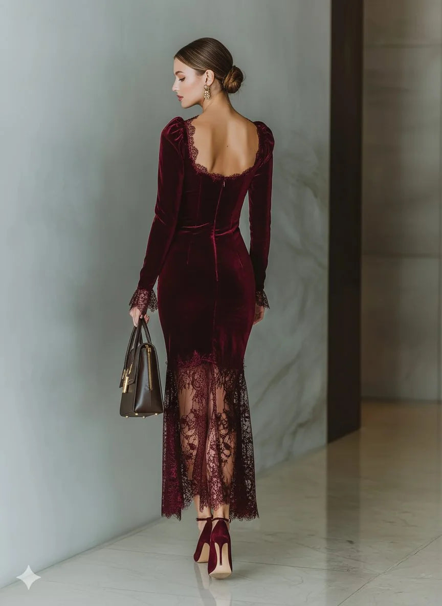Velvet Long Sleeve Formal Maxi Dress with Lace Hem