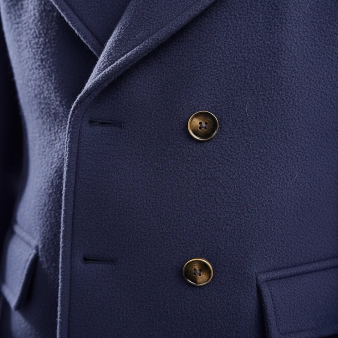 Men's Wool Coat – Blue Double-Breasted Longline