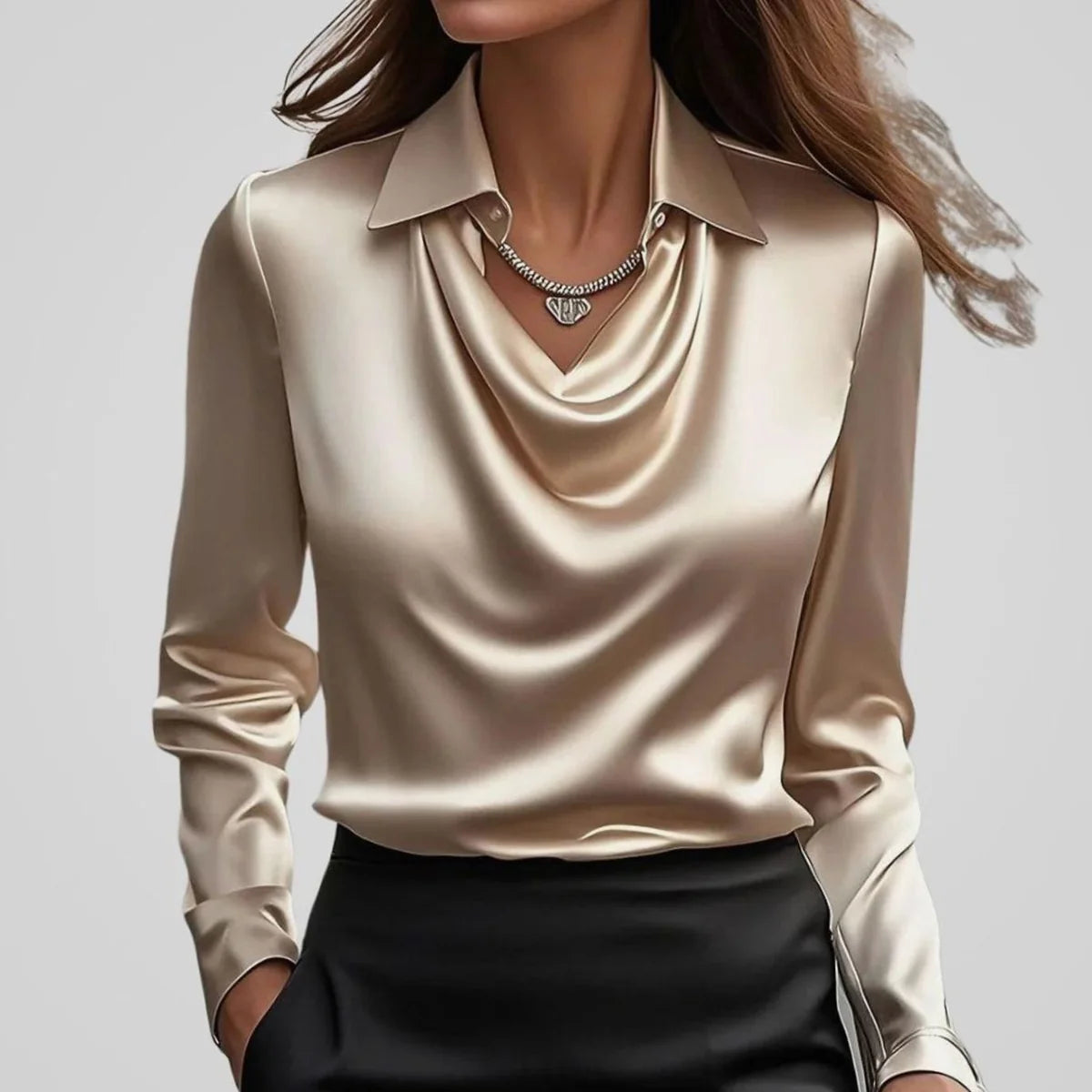 Elegant Cowl-Neck Long-Sleeve Satin Blouse