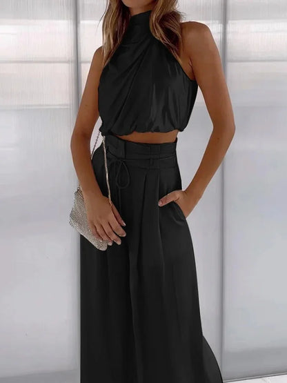 Aurora | Satin Pant Set Halter Top Wide Leg