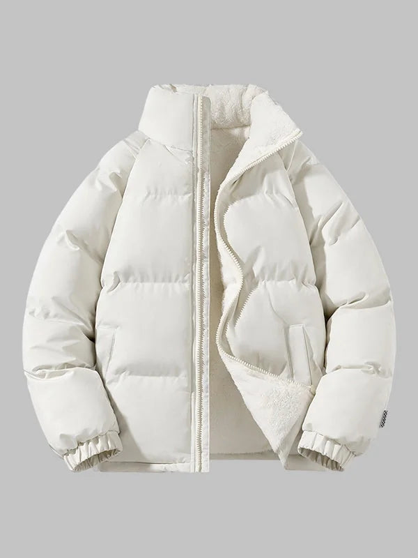 Men's Puffer Jacket – Black Fleece-Lined Stand Collar