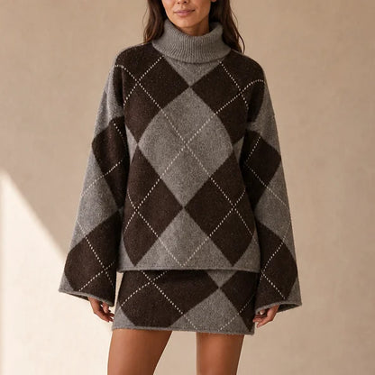 Argyle Knit Turtleneck and Skirt Set