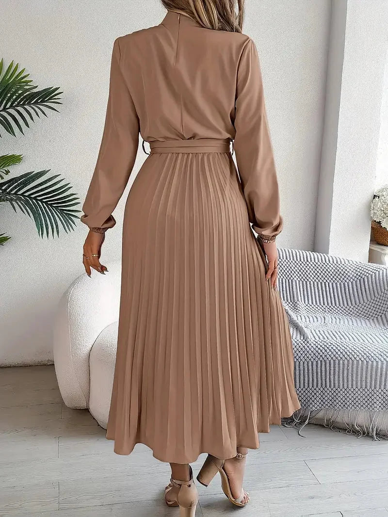 Long Sleeve Pleated Belted Dress